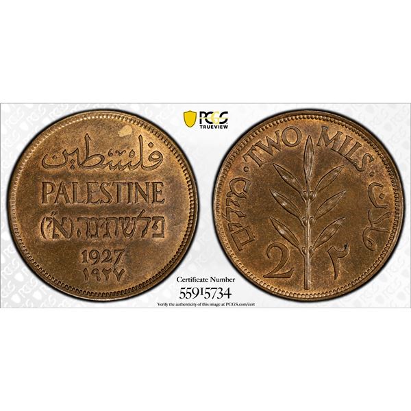 PALESTINE: British Mandate, AE 2 mils, 1927, PCGS MS64 BN