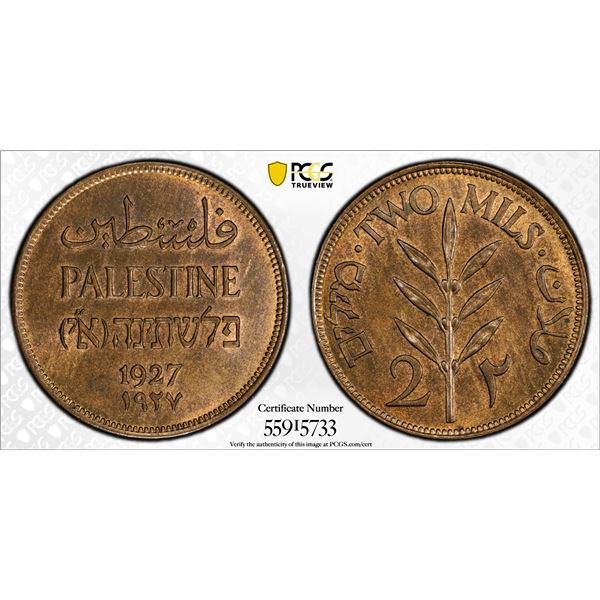 PALESTINE: British Mandate, AE 2 mils, 1927, PCGS MS63 RB