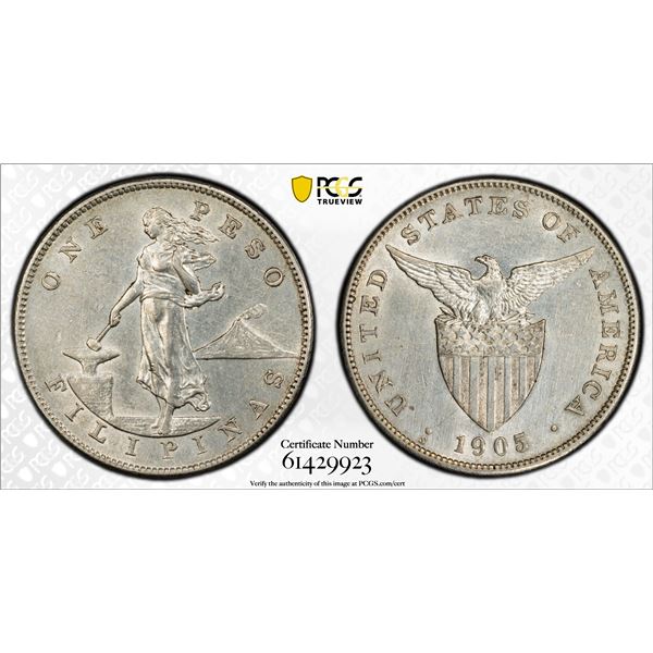 PHILIPPINES: U.S. Territory, AR peso, 1905-S, PCGS AU details