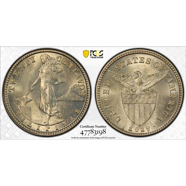 PHILIPPINES: U.S. Territory, AR 20 centavos, 1917-S, PCGS MS63