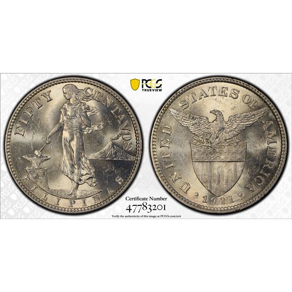 PHILIPPINES: U.S. Territory, AR 50 centavos, 1921, PCGS MS63