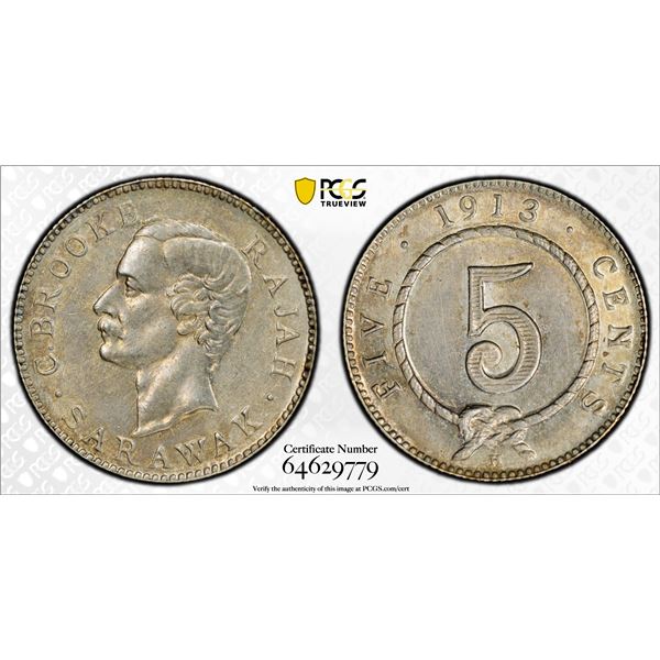 SARAWAK: Charles J. Brooke, 1868-1917, AR 5 cents, 1913-H, PCGS UNC details