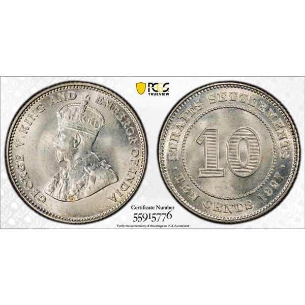 STRAITS SETTLEMENTS: George V, 1910-1936, AR 10 cents, 1927, PCGS MS65