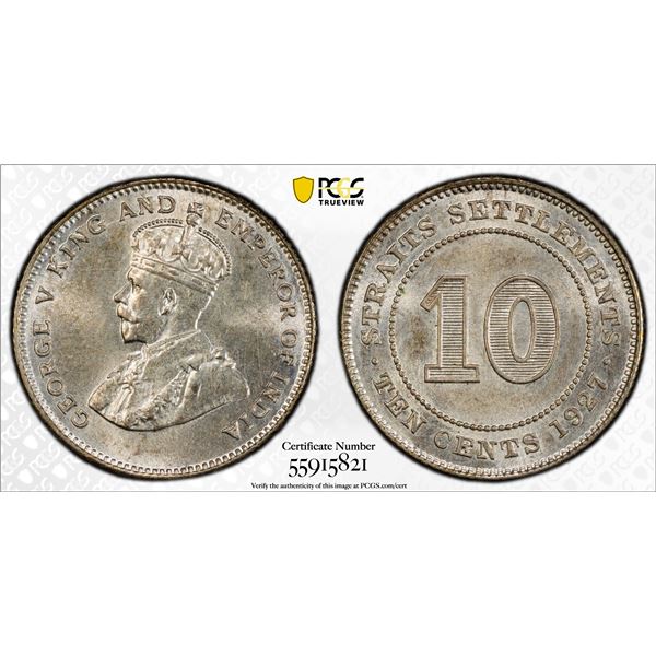 STRAITS SETTLEMENTS: George V, 1910-1936, AR 10 cents, 1927, PCGS MS64