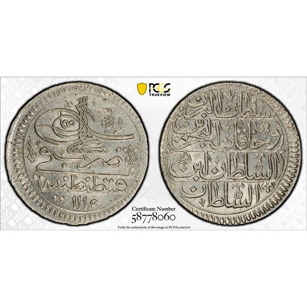 TURKEY: Ahmed III, 1703-1730, AR yirmilik (20 para), Kostantiniye, AH1115, PCGS MS64