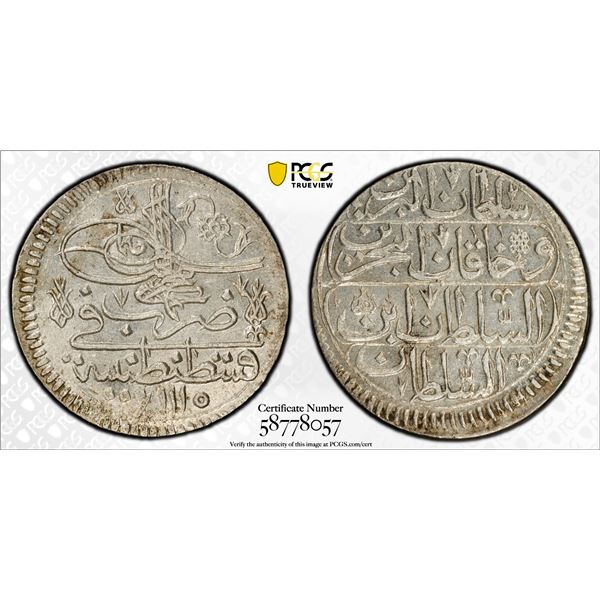 TURKEY: Ahmed III, 1703-1730, AR yirmilik (20 para), Kostantiniye, AH1115, PCGS MS63