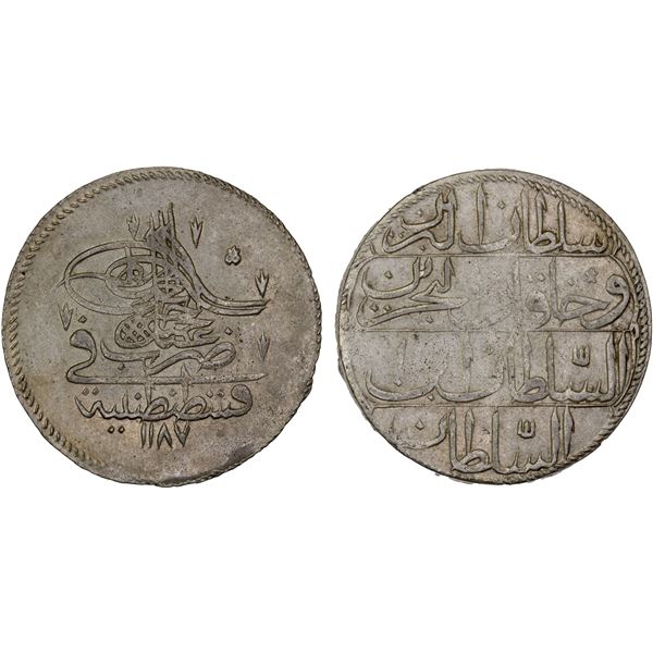 TURKEY: Abdul Hamid I, 1774-1789, BI piastre (18.65g), AH1187 year 1, XF