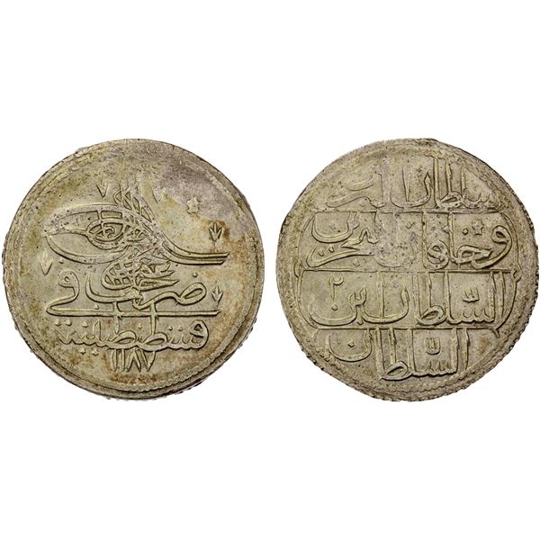 TURKEY: Abdul Hamid I, 1774-1789, BI 20 para (1/2 piastre) (9.89g), AH1187 year 2, AU