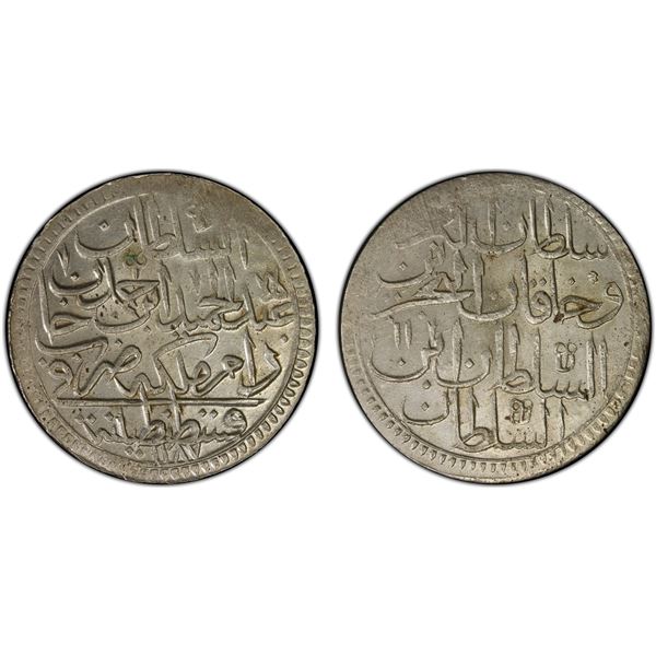 TURKEY: Abdul Hamid I, 1774-1789, AR 2 zolota (altmislik), Kostantiniye, AH1187 year 11, PCGS MS64