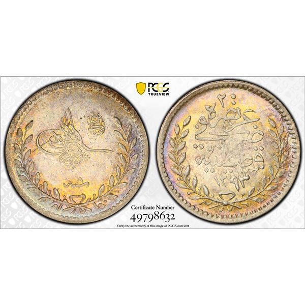 TURKEY: Abdul Hamid II, 1876-1909, AR 20 para, Kostantiniye, AH1293 year 8 (1883), PCGS MS65