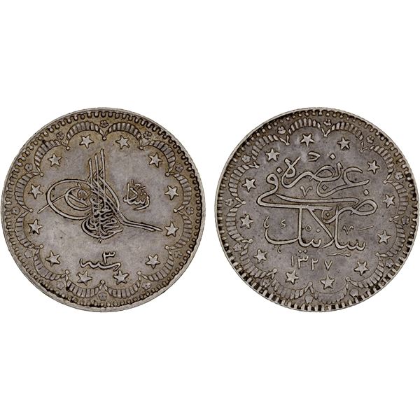 TURKEY: Muhammad V, 1909-1918, AR 5 kurush, Salonika, AH1327 year 3, XF-AU