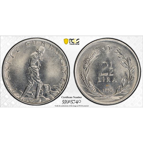 TURKEY: Republic, 2½ lira, 1963, PCGS MS65