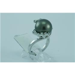 Genuine Diamond & Tahitian Black Pearl Ring 14K Gold