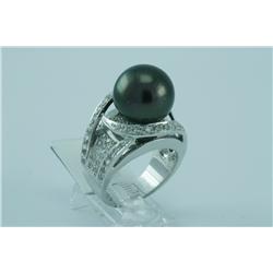 Genuine Diamond & Tahitian Black Pearl Ring 14K Gold