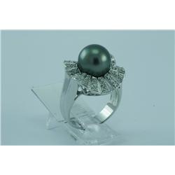 Genuine Diamond & Tahitian Black Pearl Ring 14K Gold