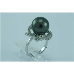 Genuine Diamond & Tahitian Black Pearl Ring 14K Gold