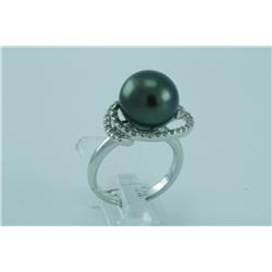 Genuine Diamond & Tahitian Black Pearl Ring 14K Gold