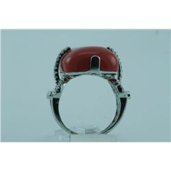 Genuine Diamond & Treated Coral Ring 14K Gold