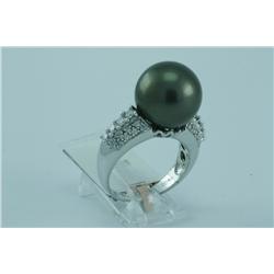 Genuine Diamond & Tahitian Black Pearl Ring 18K Gold