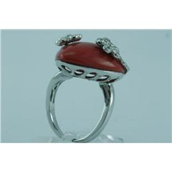 Genuine Diamond & Treated Coral Ring 14K Gold