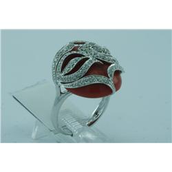 Genuine Diamond & Created Coral Ring 14K Gold