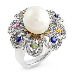 Genuine 14.99 ctw Diamond & Multi-color Sapphire & Pearl Ladies Ring  