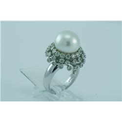 Genuine Diamond & Southsea Pearl Ring 14K Gold
