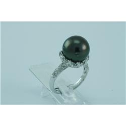 Genuine Diamond & Tahitian Black Pearl Ring 14K Gold