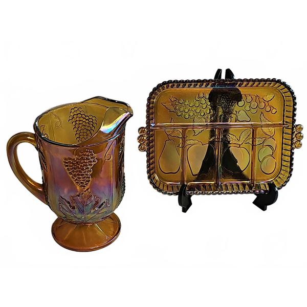 Vintage MARIGOLD Carnival Glass Pitcher and Divided Tray Set