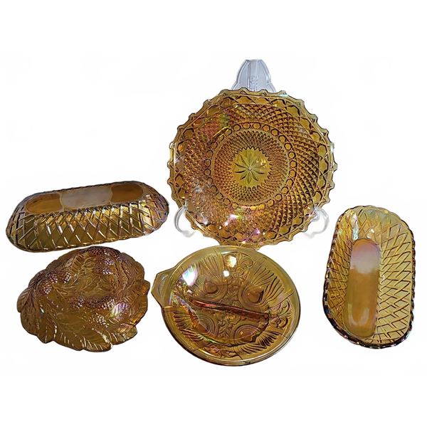 Vitage lot of Amber Carnival Glass Serving Dishes, Set of 5