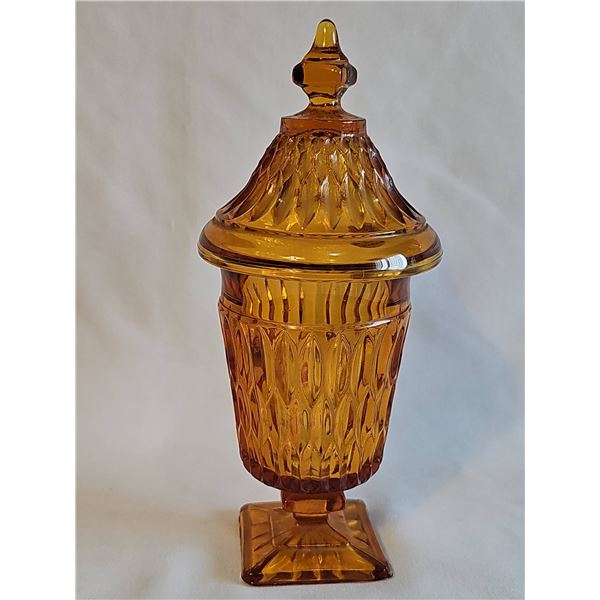 Indiana Amber Glass Diamond Patterned Glass Lidded Candy Dish on Footed Base