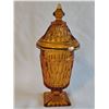 Image 1 : Indiana Amber Glass Diamond Patterned Glass Lidded Candy Dish on Footed Base