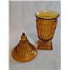 Image 2 : Indiana Amber Glass Diamond Patterned Glass Lidded Candy Dish on Footed Base