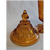 Image 3 : Indiana Amber Glass Diamond Patterned Glass Lidded Candy Dish on Footed Base
