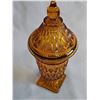 Image 7 : Indiana Amber Glass Diamond Patterned Glass Lidded Candy Dish on Footed Base