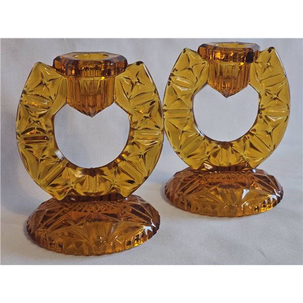 Indiana Glass Amber Pressed Glass Horseshoe Candlesticks