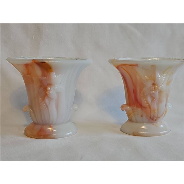 1930s Arko Agate White and Orange Pressed Slag Glass Floral Vase Set HARD TO FIND PAIR