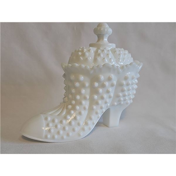 Fenton Milk Glass Hobnail Shoe Lidded Candy Dish