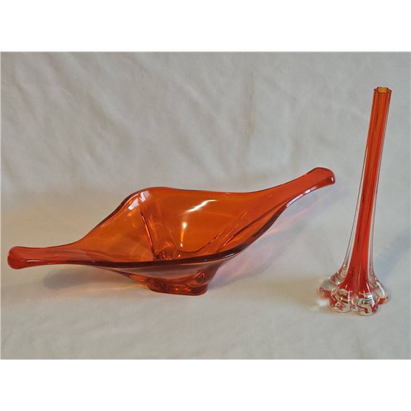 MMC Orange Art Glass Stretch Centerpiece Bowl and Blown Glass Bud Vase