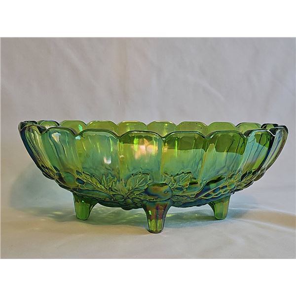 Green Iridescent Carnival Glass Fruit Design Footed Bowl