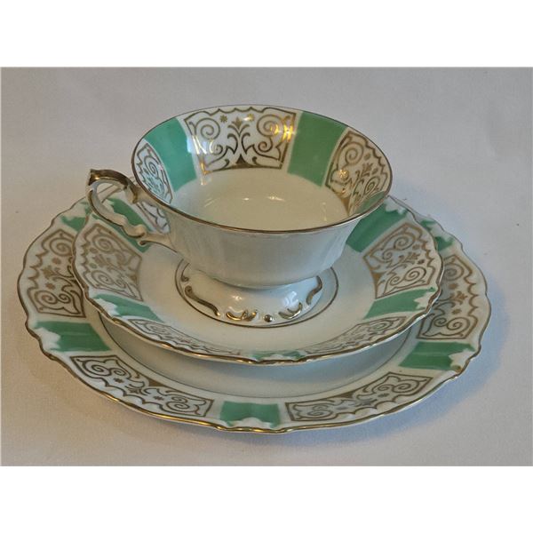 Bavaria Schaller Porcelain Tea Trio with Gold and Green Trim