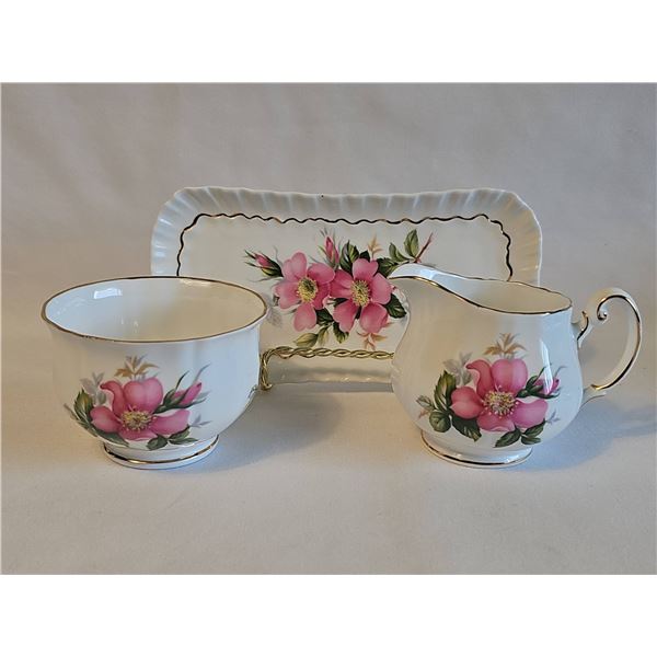 Royal Adderley Prairie Rose Bone China Creamer, Sugar, Tray Set