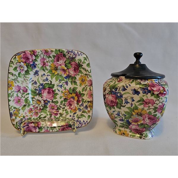 Antique Royal Winton Grimwades Summertime Chintz Jam Jar with Lid and Plate