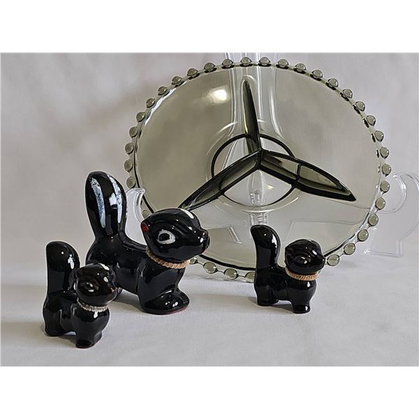 Chezch Black Glass Relish Tray and 3 Ceramic Skunk Figurines