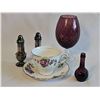 Image 10 : Purple lot!  Colclough Bone China Cup & Saucer, Silver Salt & Pepper, Purple Glass Items