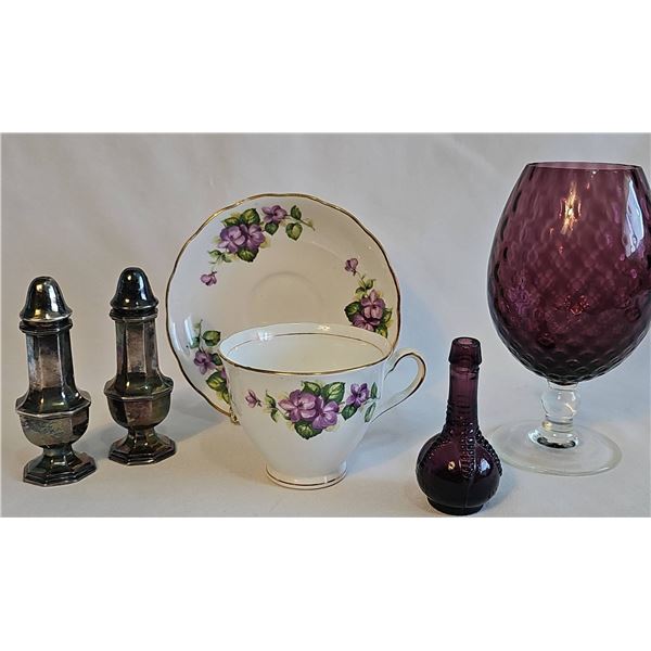 Purple lot! Colclough Bone China Cup & Saucer, Silver Salt & Pepper, Purple Glass Items
