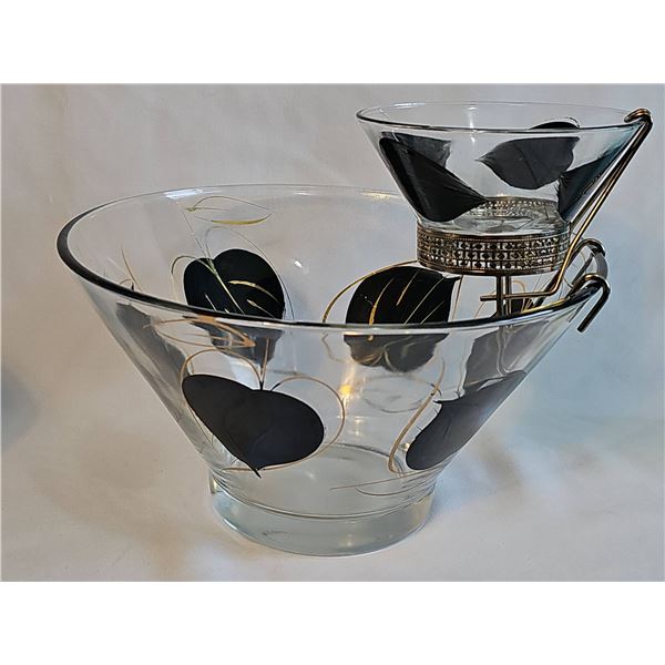 Mid-Century Glass Chip and Dip Bowl Set with Metal Clip