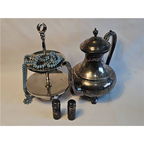 Vintage Silver Plated Teapot, Tiered Tray, Salt and Pepper, and Faux Pearls