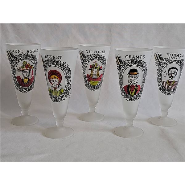 Vintage 'Gay Fad' 5 Frosted Novelty Glass Goblets with Character Portraits