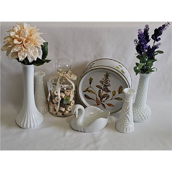 Grannycore Lot With Milk Glass Vases, Swan, Buttons, and Floral Tin